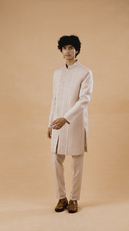 Light Beige Long Jacket Indo-Western Set In Suede