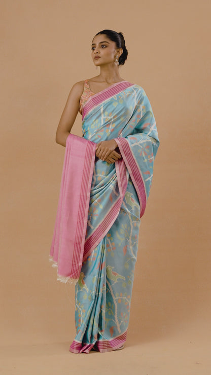 Powder Blue Patola Silk Saree With Hand Weave Figure Motif