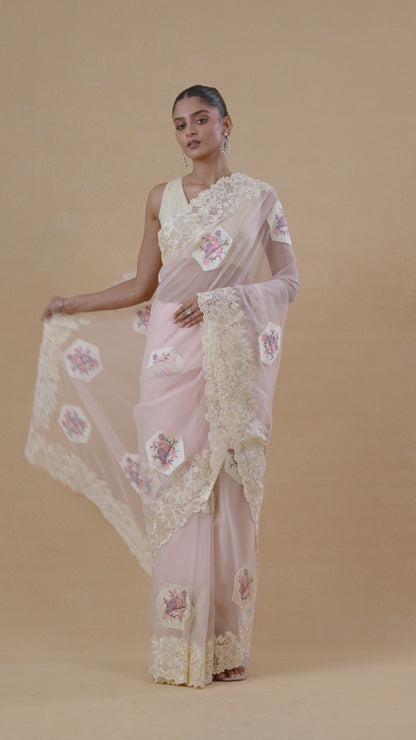 Baby Pink Organza Parsi Saree