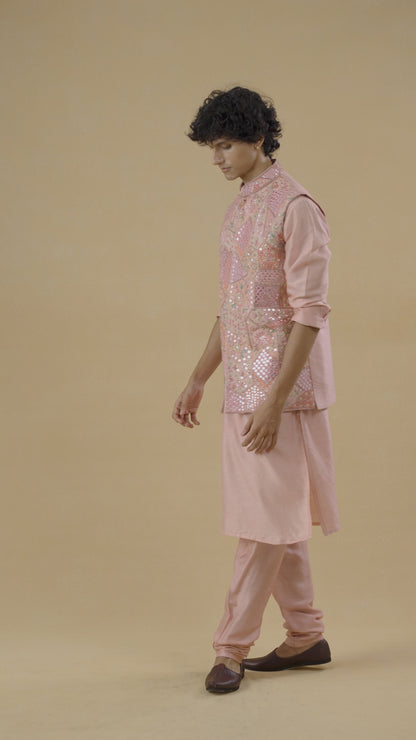 Pink Mirror Work Kurta Bandi Set
