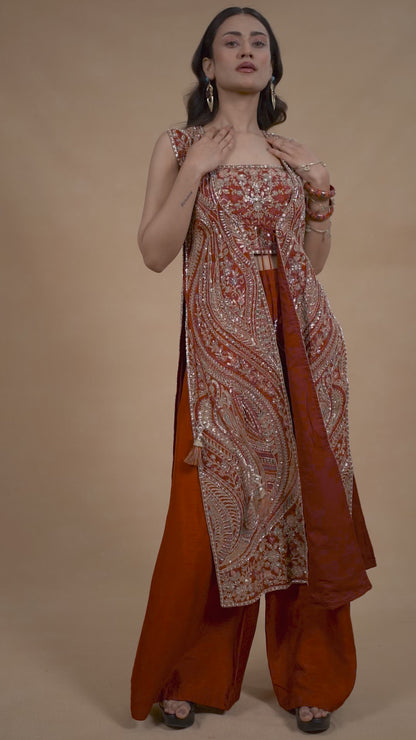 Rust Indo-western Set With Long Jacket