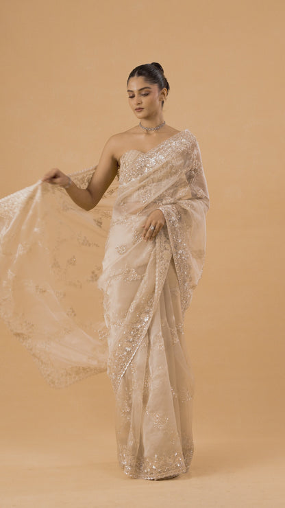 Golden Organza Saree With Cutdana and Sequins Work