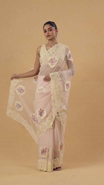 Baby Pink Organza Parsi Saree