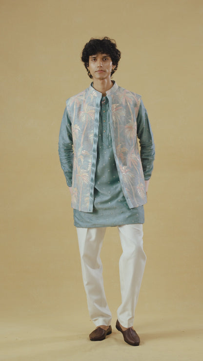 Aqua Kurta Bandi Set In Raw Silk