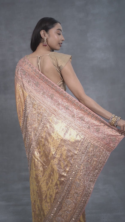 Antique Rose Gold Kanjeevaram Saree With Hand Zardosi Work