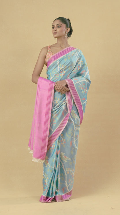 Powder Blue Patola Silk Saree With Hand Weave Figure Motif