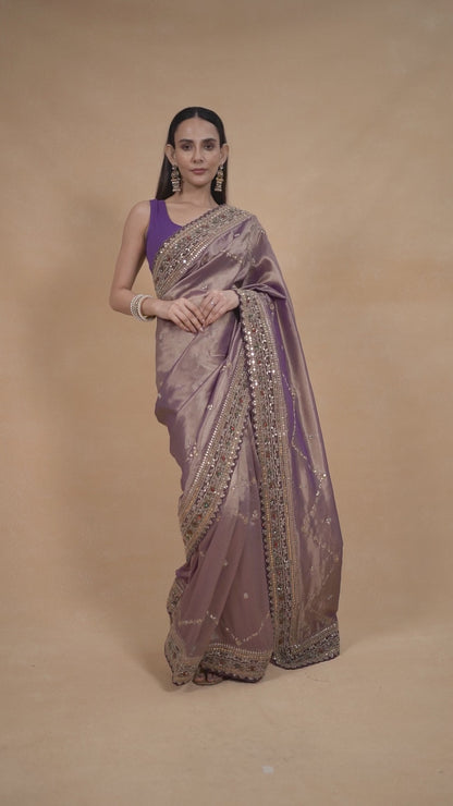 Purple Tissue Saree With Hand Zardosi Work