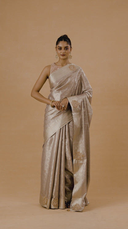 Silver Kanjeevaram Silk Saree With Zardosi and Resham Work