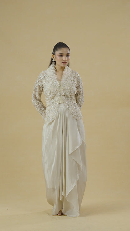 Off White Tissue Crop Top Skirt Set With Net Embroidered Jacket