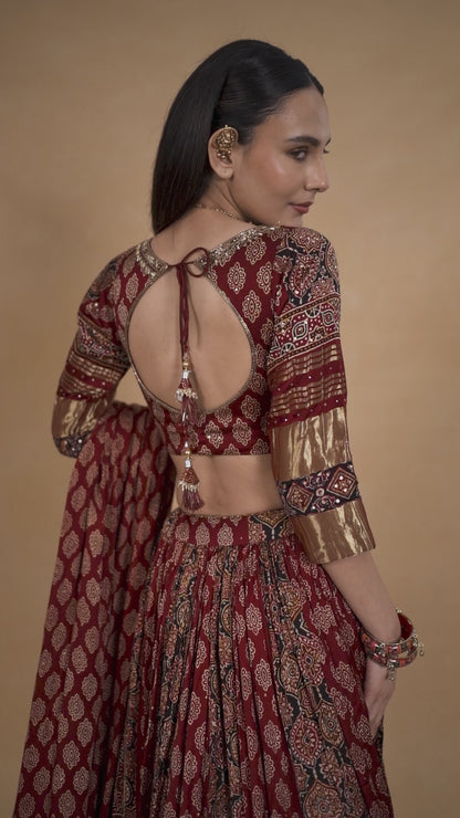 Maroon Ajrakh Lehenga Set