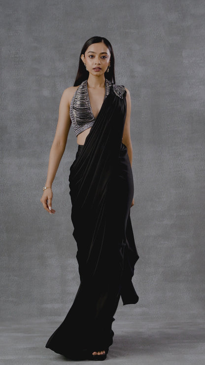 Black Cocktail Drape Saree With Embellished Halter Neck Blouse