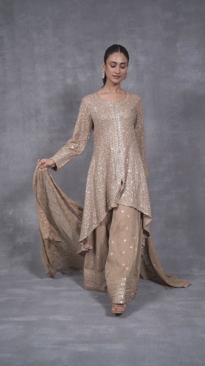 Beige Zari Sharara Set With Swarovski Highlights