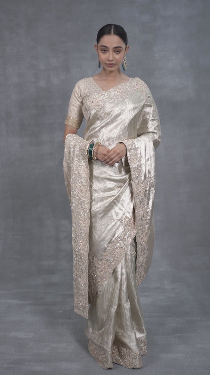 Silver Kanjeevaram Silk Saree With Zardosi Work