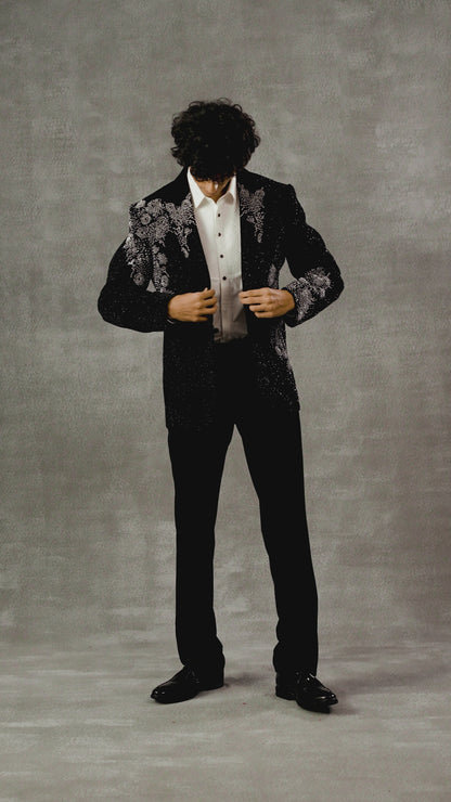 Black Tuxedo Set With Silver Handwork Detailing
