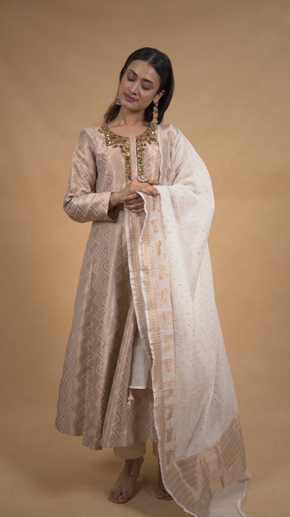 Off White Banarasi Silk Anarkali Suit Set