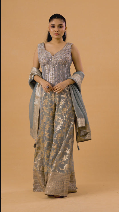 Sage Grey Banarasi Tissue Indowestern Palazzo Set
