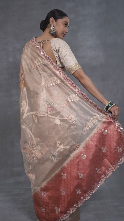 Golden Hand Painted Rust Organza Tissue Saree with Gota & Zardosi Work