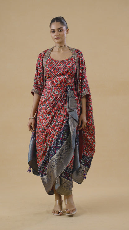 Rani Pink Dola Silk Ikkat Patola Indowestern Set