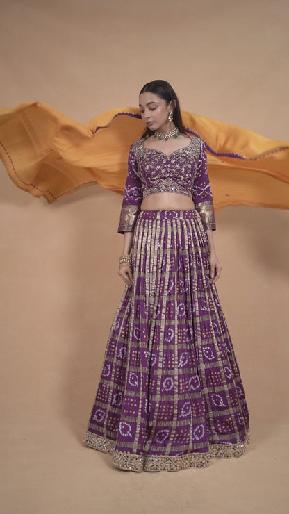 Purple Gharchola Lehenga With Yellow Contrast Dupatta