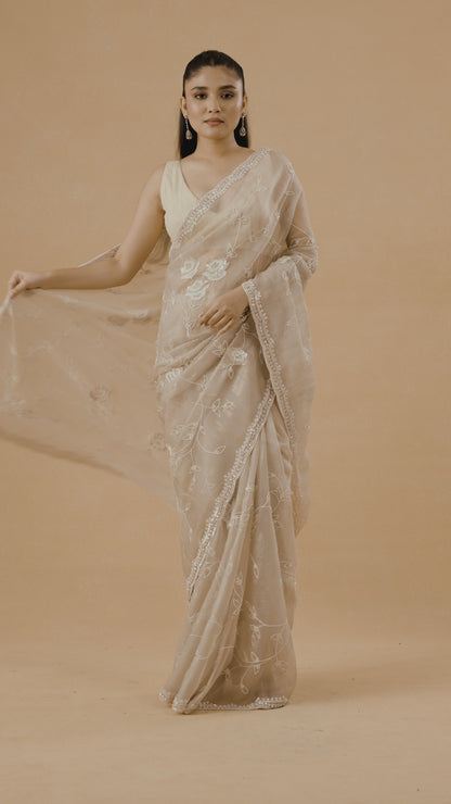 Light Beige Crushed Tissue Saree With Pearl and Sequins Handwork