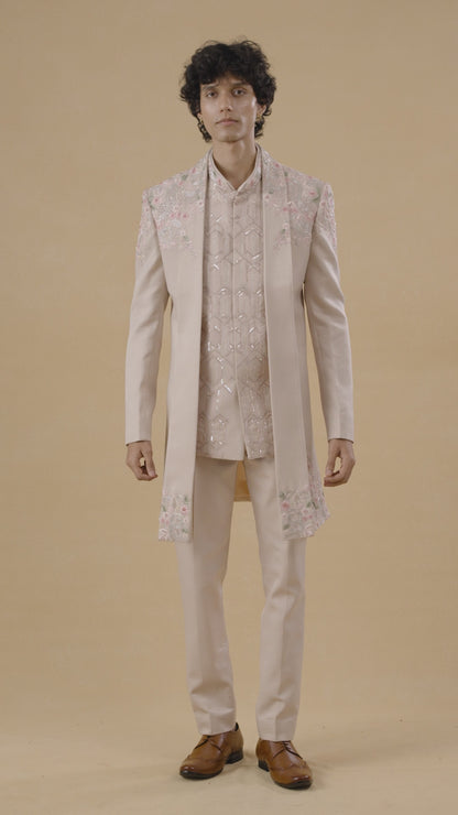 Beige Long Open Jacket Indo western Set