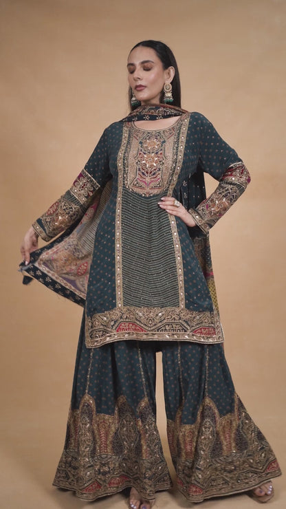 Teal Sharara Set With Dupatta