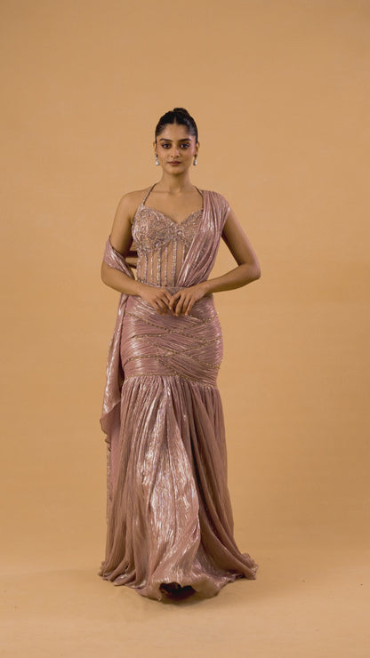 Metallic Dark Peach Fish-Cut Drape Saree With Corset Blouse