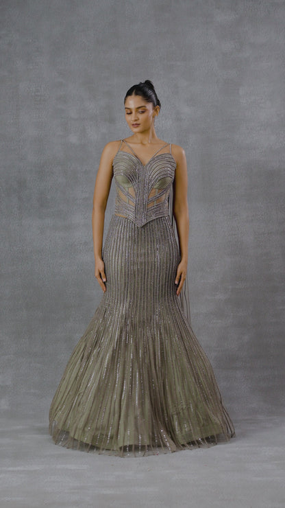 Grey Swarovski Fishcut Indowestern Lehenga