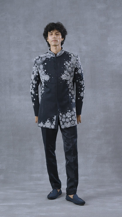 Navy Blue Bandhgala Indowestern Set In Suede