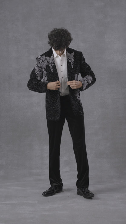 Black Tuxedo Set With Silver Handwork Detailing