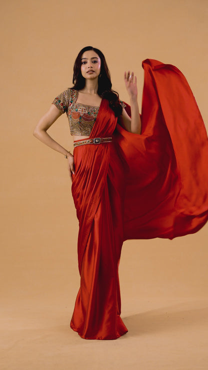 Scarlet Red Satin Drape Saree Set With Jadau Blouse