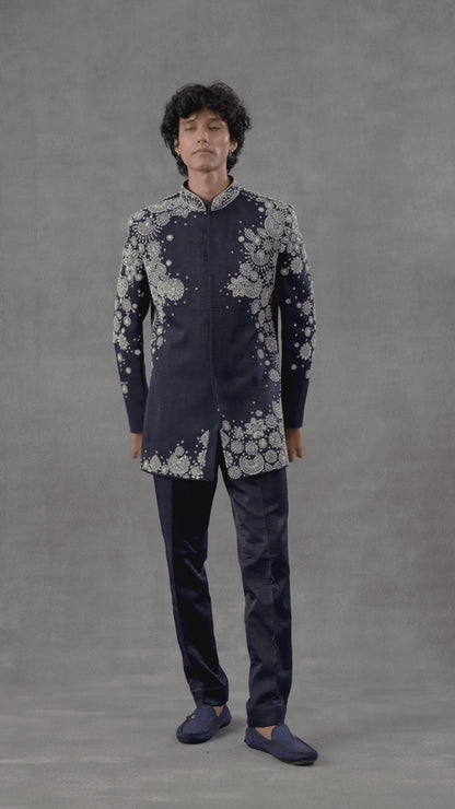 Navy Blue Bandhgala Indowestern Set In Suede