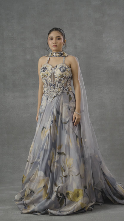 Floral Printed Corset Lehenga Set