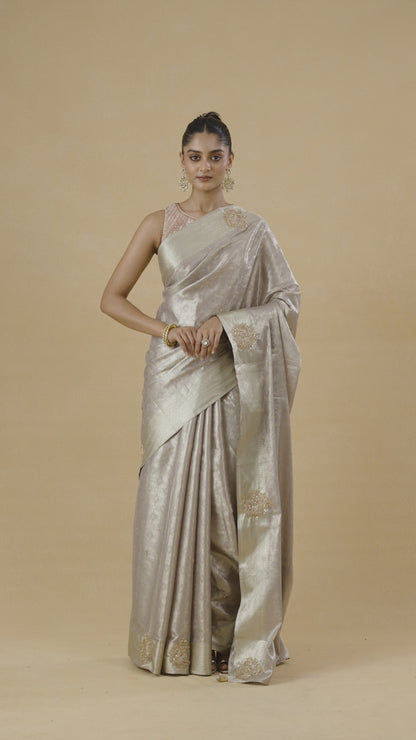 Silver Kanjeevaram Silk Saree With Zardosi and Resham Work