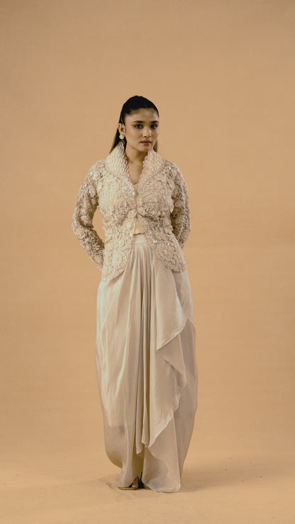 Off White Tissue Crop Top Skirt Set With Net Embroidered Jacket