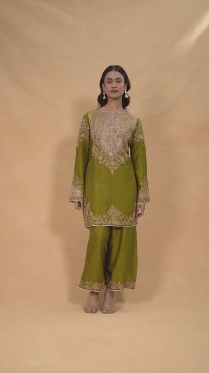 Rich Olive Green Toned Silk Kurta Paired With Coordinating Wide Leg Pants