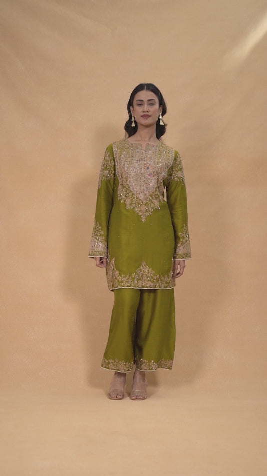 Rich Olive Green Toned Silk Kurta Paired With Coordinating Wide Leg Pants