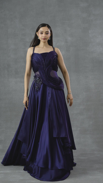Navy Blue Satin Silk Cocktail Gown