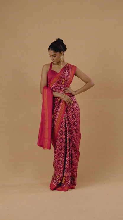 Crimson Red Patola Silk Weave Saree With Golden Zari Piping