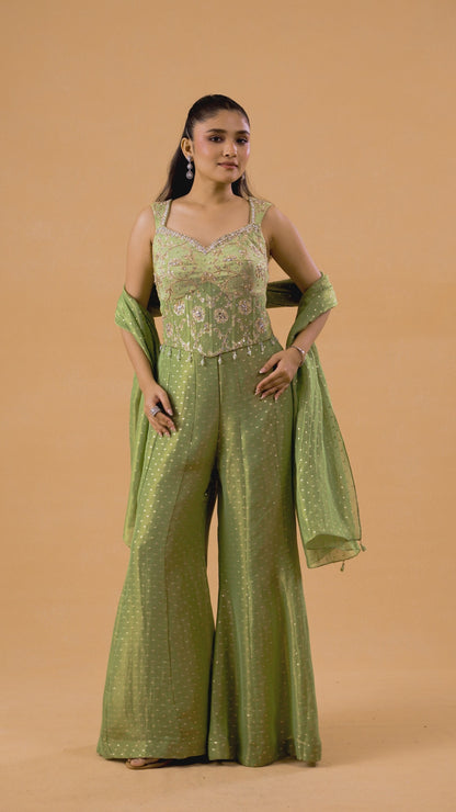 Green Tissue Weave Indowestern Palazzo Set