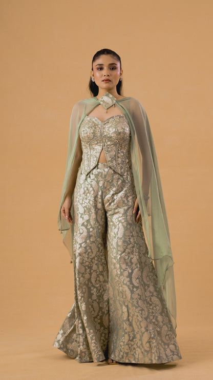 Pastel Green Banarasi Weave Indowestern Palazzo Set