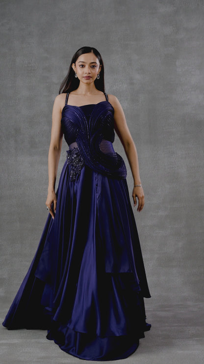 Navy Blue Satin Silk Cocktail Gown