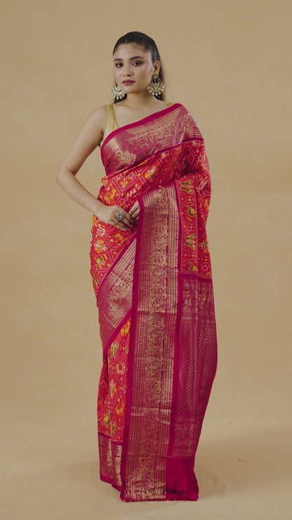 Orange Patola Silk Heritage Saree With Banarasi Border
