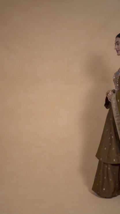 Brown Suit Set With Palazzo Pants  And Banarasi Dupatta