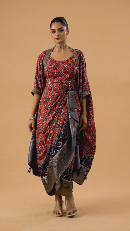 Rani Pink Dola Silk Ikkat Patola Indowestern Set
