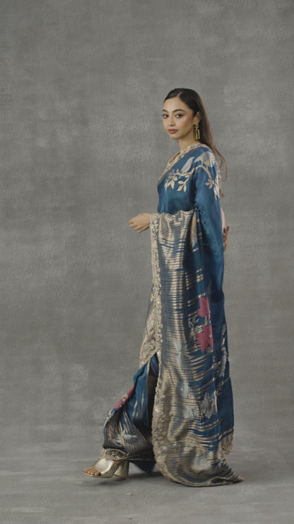 Teal Blue Upada Silk Saree With Golden Weaving