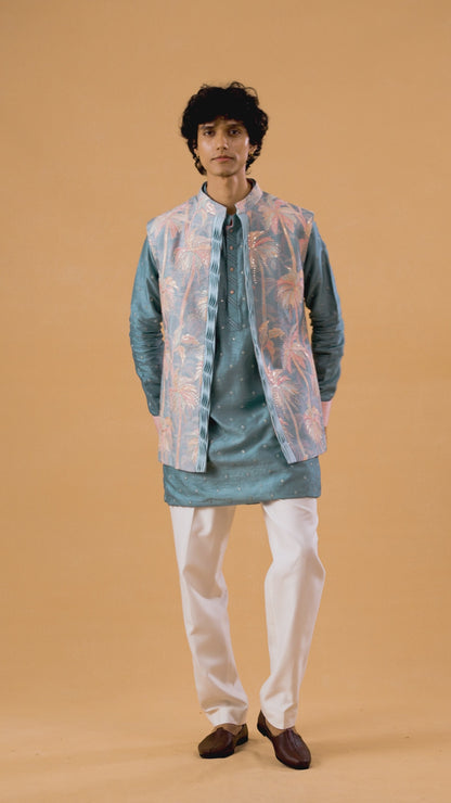 Aqua Kurta Bandi Set In Raw Silk