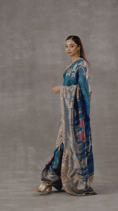 Teal Blue Upada Silk Saree With Golden Weaving