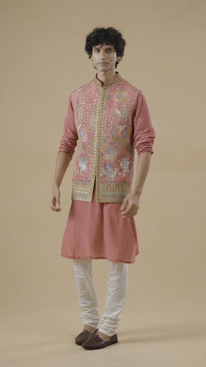 Peachish Pink Kurta Bandi Set
