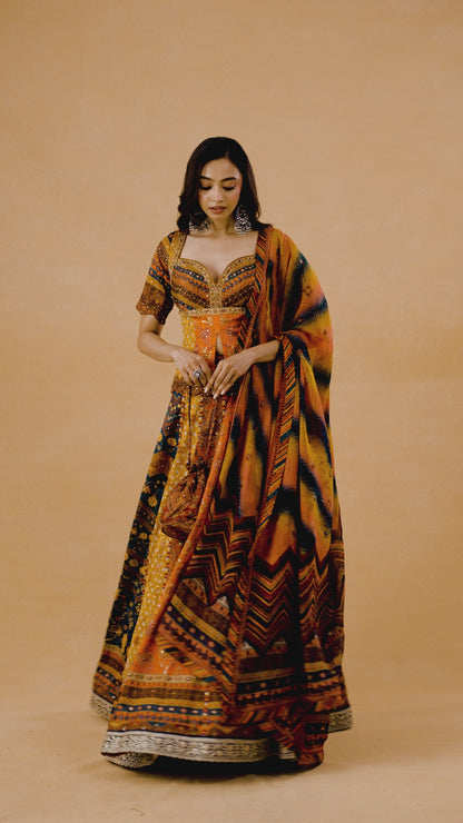 Multi-Colour Ajrakh Lehenga Set With Potli